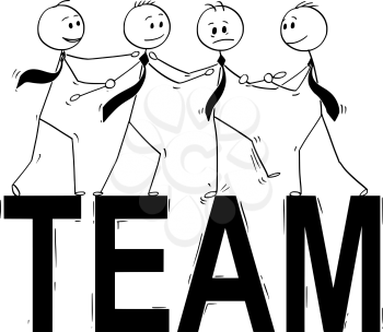 Cartoon stick man drawing conceptual illustration of group of businessman people standing on big word team and helping one of them.. Business concept of teamwork, success and cooperation.