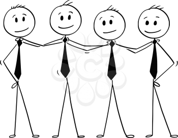 Cartoon stick man drawing conceptual illustration of team of business people standing and holding each other shoulders. Business concept of teamwork, success and cooperation.