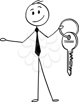 Cartoon stick man drawing conceptual illustration of businessman hold and offering a key. Business concept of solution, lease or rent of property.