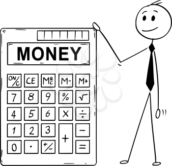 Cartoon stick man drawing conceptual illustration of businessman standing with big electronic calculator with money text.