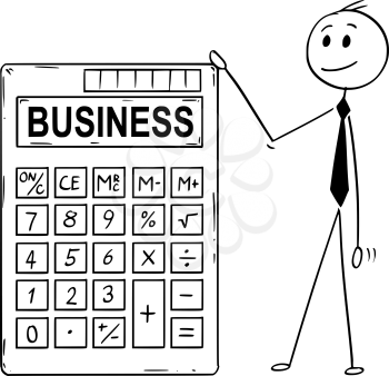Cartoon stick man drawing conceptual illustration of businessman standing with big electronic calculator with business text.