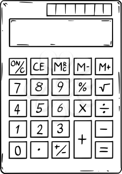 Cartoon drawing conceptual illustration of electronic calculator with empty or blank display.