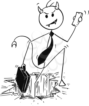 Cartoon stick man drawing conceptual illustration of demonic or evil businessman devil coming form hell or hole in ground. Business concept of morality and ethics.