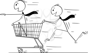 Cartoon stick man drawing conceptual illustration of one businessman inside of shopping cart and second guy pushing him. Business concept of market and investment.