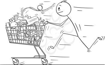 Cartoon stick man drawing conceptual illustration of businessman running and pushing shopping cart full of goods. Concept of stress and time pressure.