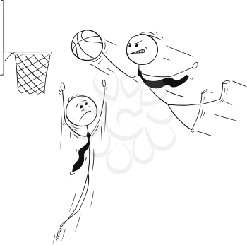 Cartoon stick man drawing conceptual illustration of businessman playing basketball, jumping with ball and trying score. Second businessman is trying to defend him. Business concept of success and competition.