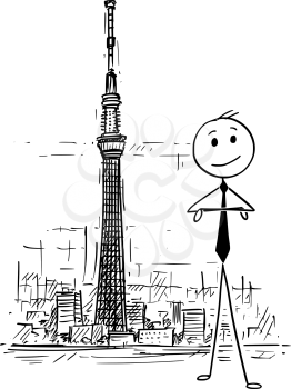 Cartoon stick man drawing conceptual illustration of businessman standing in front of Tokyo Skytree tower in Sumida. Concept of doing business in Japan.