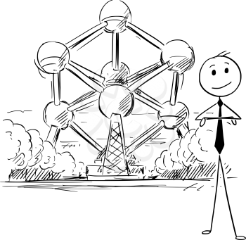 Cartoon stick man drawing conceptual illustration of businessman standing in front of Atomium, Brussels. Concept of doing business in Belgium.