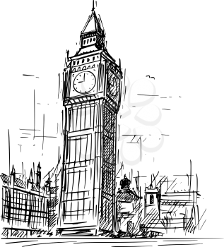 Cartoon sketch drawing illustration of Westminster Palace, Big Ben Elizabeth clock tower in London, England, United Kingdom.
