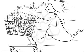 Cartoon stick man drawing conceptual illustration of woman or businesswoman running and pushing shopping cart full of goods. Concept of stress and time pressure.