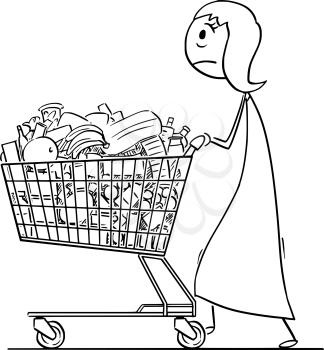 Cartoon stick man drawing conceptual illustration of tired woman or businesswoman pushing shopping cart full of goods. Concept of stress and time pressure.