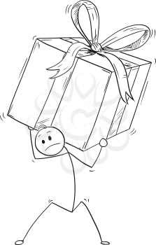 Cartoon stick man drawing conceptual illustration of businessman carry large and heavy gift box or present in wrap.