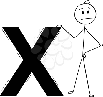 Cartoon stick man drawing conceptual illustration of angry businessman standing with big cross or X. Business concept of rejection or negativity.