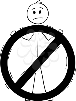 Cartoon stick man drawing conceptual illustration of upset businessman holding big forbidden symbol. Business concept of stop or warning.