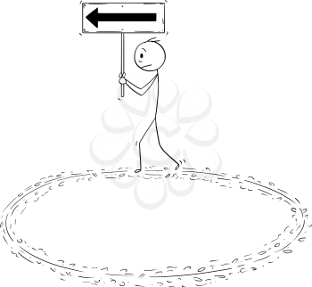 Cartoon stick man drawing conceptual illustration of businessman holding arrow sign and walking in circle. Business concept of repetitive work and burnout syndrome.