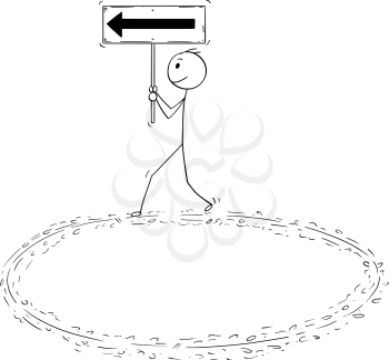 Cartoon stick man drawing conceptual illustration of motivated businessman holding arrow sign and walking in circle. Business concept of motivation and enthusiasm.