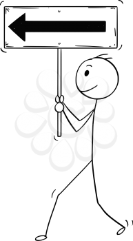 Cartoon stick man drawing conceptual illustration of motivated businessman walking straight ahead and holding forward directing sign. Business concept of motivation and achievement.