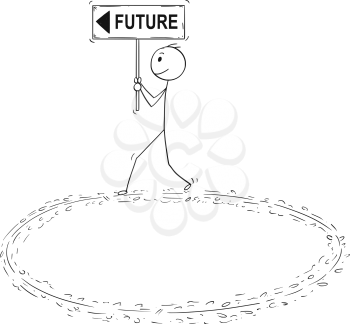 Cartoon stick man drawing conceptual illustration of motivated businessman holding future and arrow sign and walking in circle. Business concept of motivation and enthusiasm.