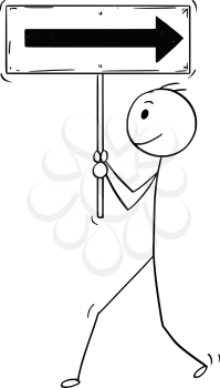 Cartoon stick man drawing conceptual illustration of motivated businessman walking straight ahead but holding opposite directing or back sign. Business concept of heading and course.