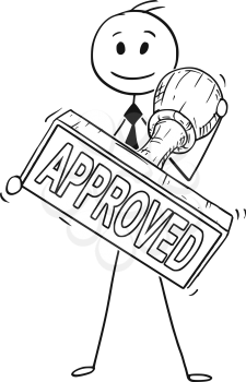 Cartoon stick man drawing conceptual illustration of businessman holding big hand rubber stamp with approved text. business concept of bureaucracy.