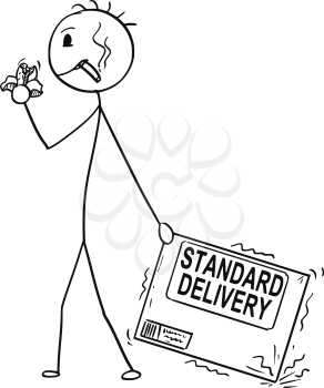 Cartoon stick man drawing conceptual illustration of bad and unmotivated man or businessman negligently pulling the carton box. Business concept of standard quality or poor delivery service.