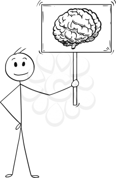 Cartoon stick man drawing conceptual illustration of businessman holding sign with brain image symbol. Business concept of intelligence and understanding.
