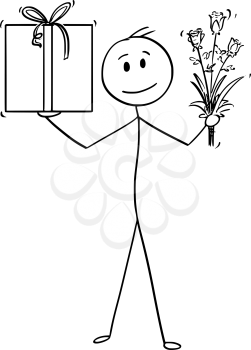 Cartoon stick man drawing conceptual illustration of businessman standing with gift box or present in wrap with ribbon an bunch of flowers or bouquet in his hands.