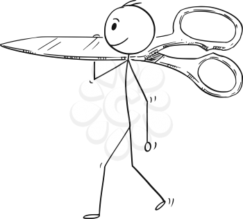 Cartoon stick man drawing conceptual illustration of businessman carrying big scissors. Business concept of paperwork and cutting.