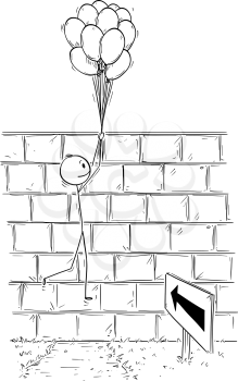 Cartoon stick man drawing conceptual illustration of businessman holding bunch of inflatable balls or air balloons and flying over wall. Business concept of problem, obstacle and solution.