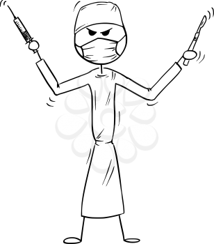 Cartoon stick man drawing conceptual illustration of crazy, mad or insane doctor surgeon holding scalpel.