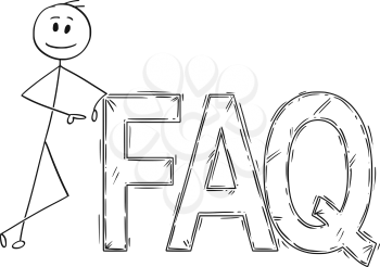 Cartoon stick man drawing conceptual illustration of businessman leaning on big faq or frequently asked questions sign.