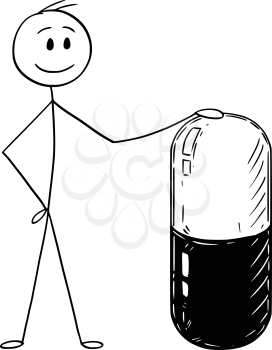 Cartoon stick man drawing conceptual illustration of businessman holding big capsule pill. Concept of medicine and healthcare.