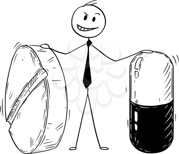 Cartoon stick man drawing conceptual illustration of businessman holding two big pills. Business concept of pharmacy and pharmaceutical industry.