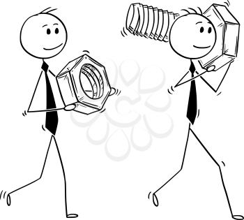 Cartoon stick man drawing conceptual illustration of two businessmen carrying big bolt and nut. Business concept of problem and solution.