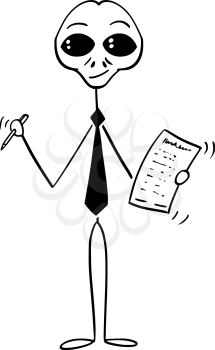 Cartoon stick man drawing conceptual illustration of alien or extra terrestrial monster businessman offering deal or agreement to sign. Business concept of difference and understanding.
