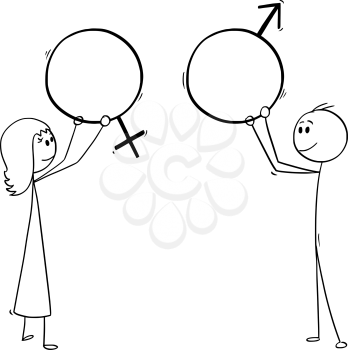 Cartoon stick man drawing conceptual illustration of man and woman holding male and female sex symbols.