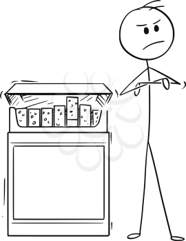 Cartoon stick man drawing conceptual illustration of man with arms crossed rejecting box of cigarettes.