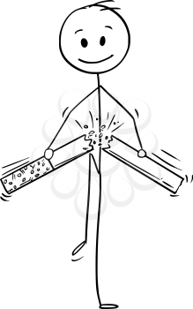 Cartoon stick man drawing conceptual illustration of man broking cigarette. Concept metaphor of stop smoking decision.