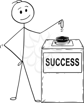 Cartoon stick man drawing conceptual illustration of businessman ready to hit or press the success button. Business concept of decision and change.