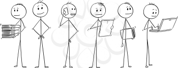 Cartoon stick man drawing conceptual illustration of team or group of six businessman doing typical office work.