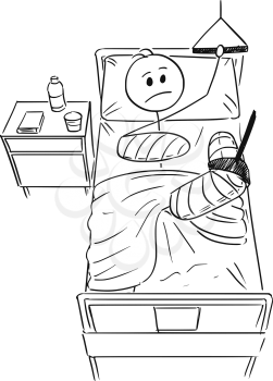 Cartoon stick man drawing conceptual illustration of businessman with broken leg and arm lying on bed in hospital. Concept of career break or healthcare.