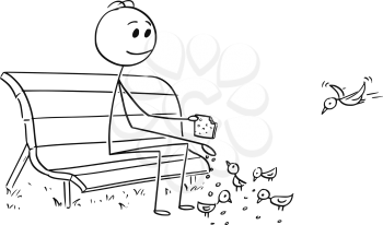 Cartoon stick man drawing conceptual illustration of businessman relaxing on park bench and feeding birds. Business concept of relaxation, revenue and pension.