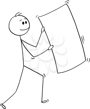 Cartoon stick man drawing conceptual illustration of happy businessman carrying big empty or blank paper sheet.