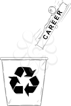 Cartoon stick man drawing conceptual illustration of businessman falling in big waste, trash, garbage bin or can or basket. Business concept of career decline.