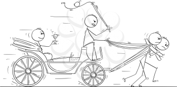 Cartoon stick man drawing conceptual illustration of businessman,nobleman, ruler or superior sitting in carriage or coach drawn or pulled by two subordinates. Business concept of dominance, seniority, subordination and power.