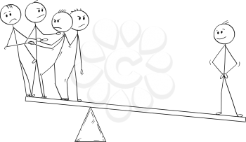 Cartoon stick man drawing conceptual illustration of businessman and team balancing on the seesaw. Business concept of teamwork and individuality.