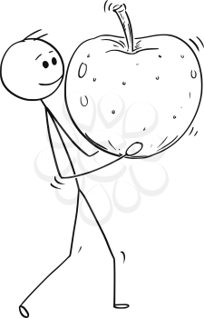 Cartoon stick man drawing conceptual illustration of man carrying big ripe apple fruit. Concept of healthy lifestyle and agriculture.