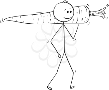 Cartoon stick man drawing conceptual illustration of man carrying big carrot vegetable. Concept of healthy lifestyle and agriculture.