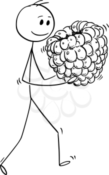 Cartoon stick man drawing conceptual illustration of man carrying big ripe raspberry fruit. Concept of healthy lifestyle and agriculture.