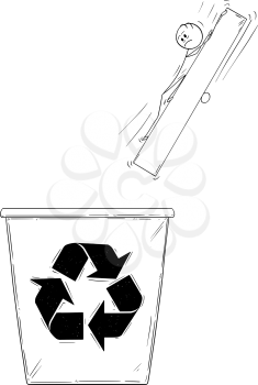 Cartoon stick man drawing conceptual illustration of businessman falling in big waste, trash, garbage bin or can or basket.